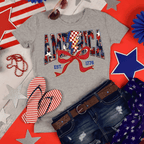 America Est 1776, Checkered Lightning Bolt, 4th of july Coquette Bow Land of the free , Fourth of july independence Day, USA Flag, American Girl Shirt