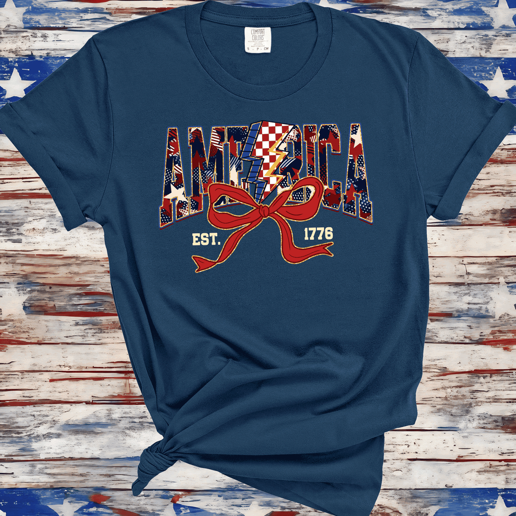 America Est 1776, Checkered Lightning Bolt, 4th of july Coquette Bow Land of the free , Fourth of july independence Day, USA Flag, American Girl Shirt
