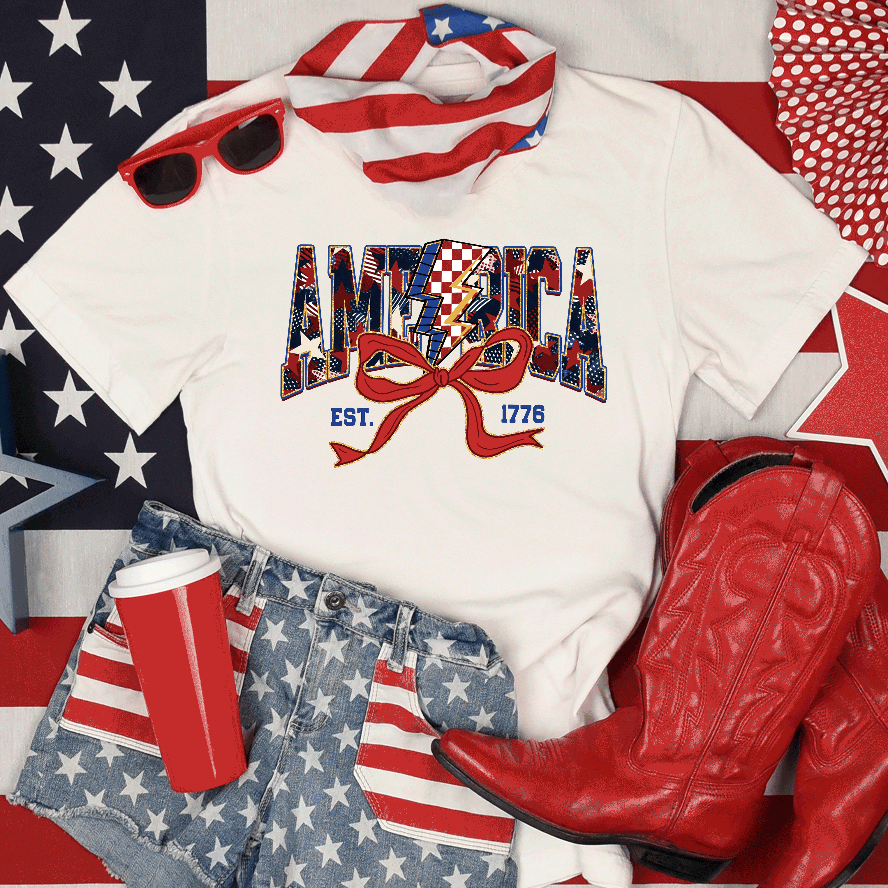 America Est 1776, Checkered Lightning Bolt, 4th of july Coquette Bow Land of the free , Fourth of july independence Day, USA Flag, American Girl Shirt