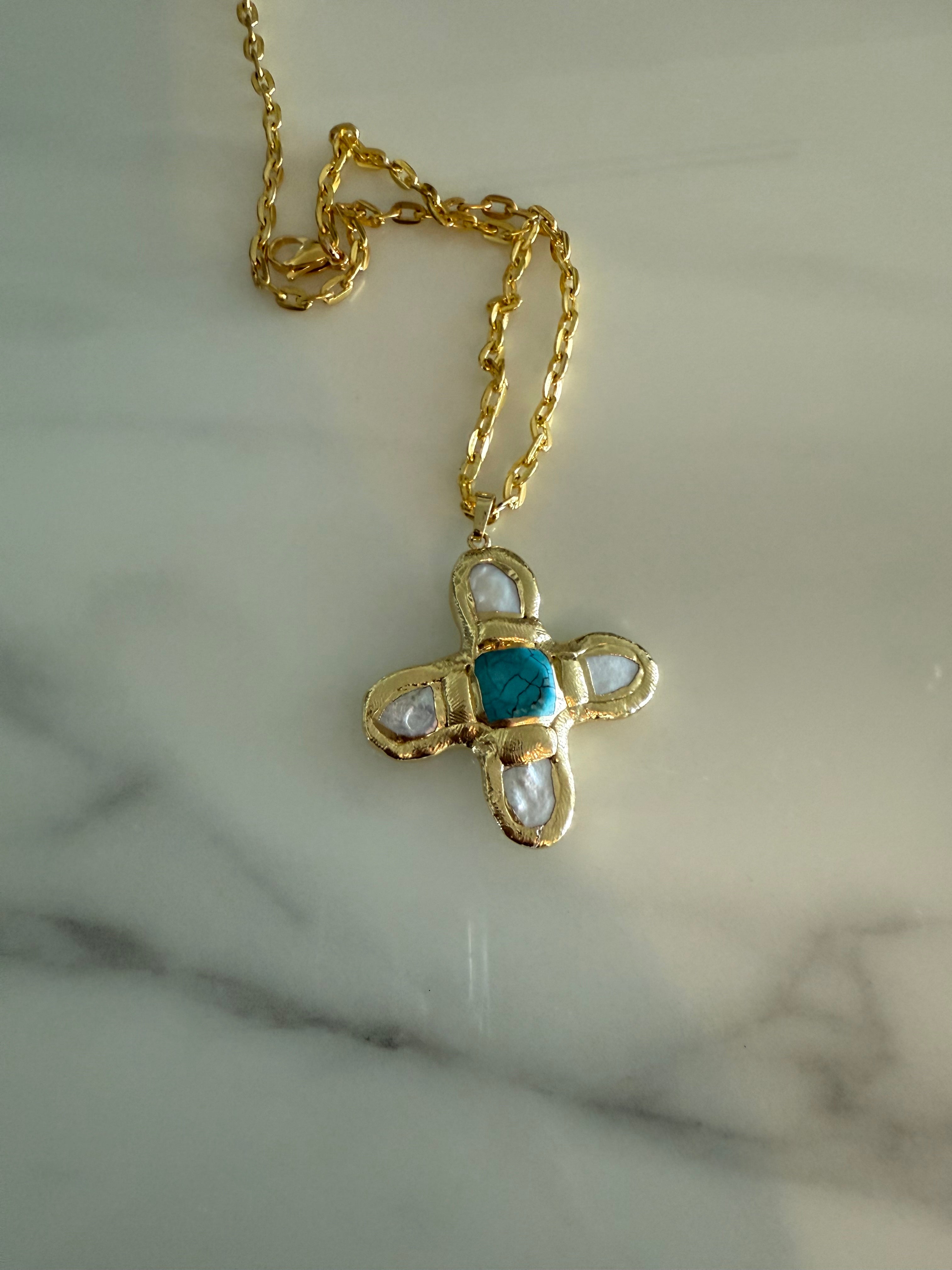 Pearl and Turquoise Cross Pendant