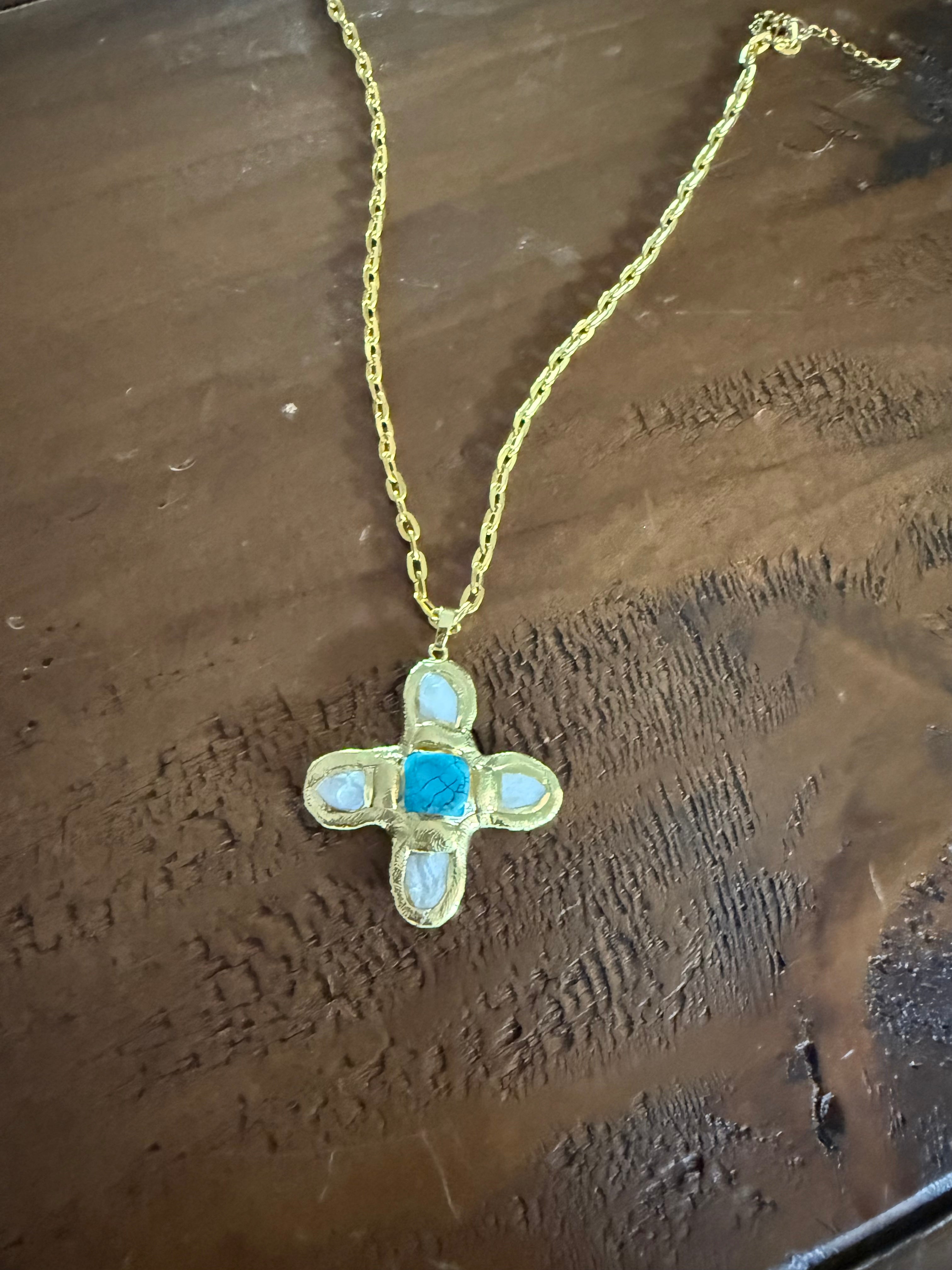 Pearl and Turquoise Cross Pendant
